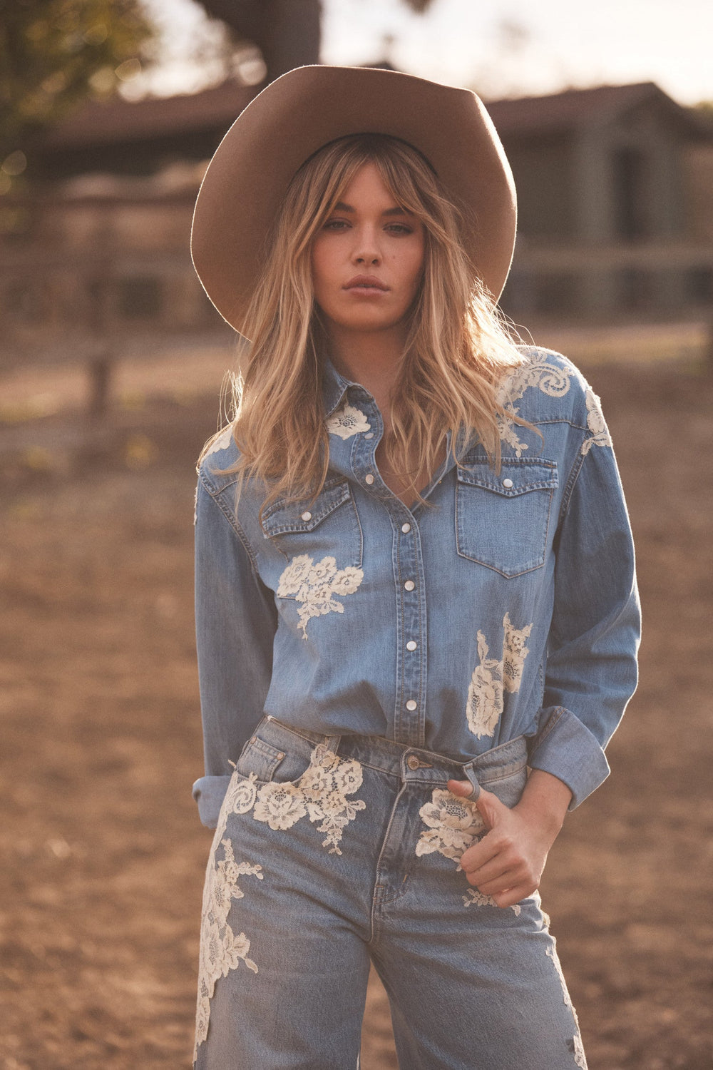Kelith Lace Appliqué Chambray Shirt | Loveshackfancy on sale