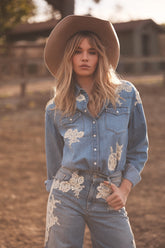 Kelith Lace Appliqué Chambray Shirt | Loveshackfancy on sale