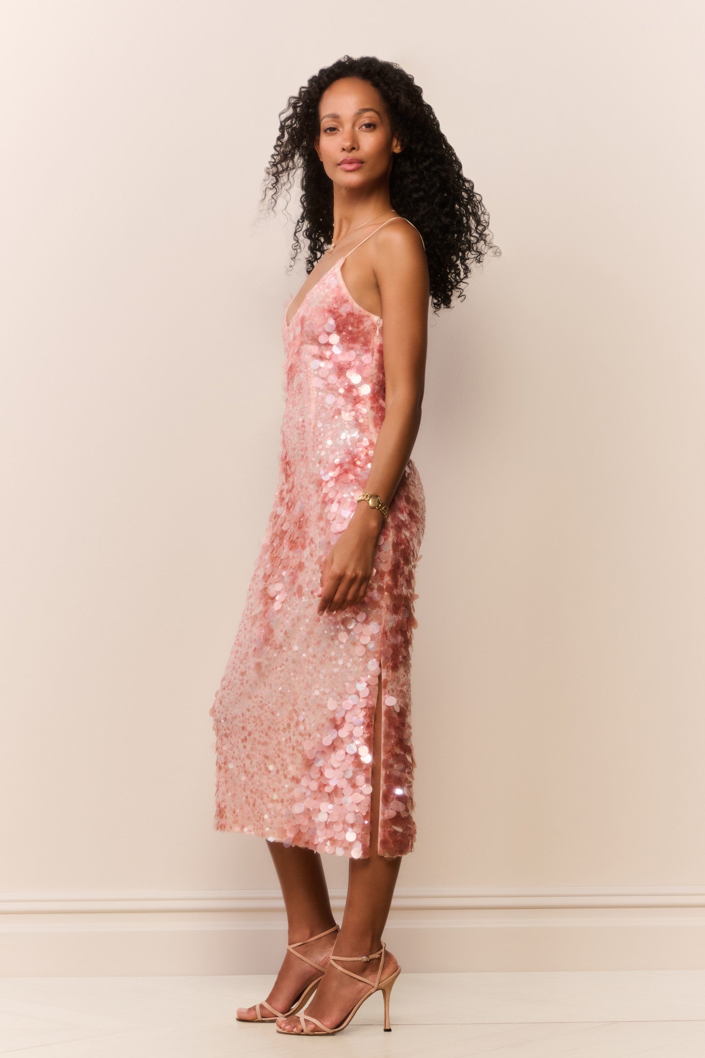 Kayleen Peach Sequin Midi Dress | Loveshackfancy online
