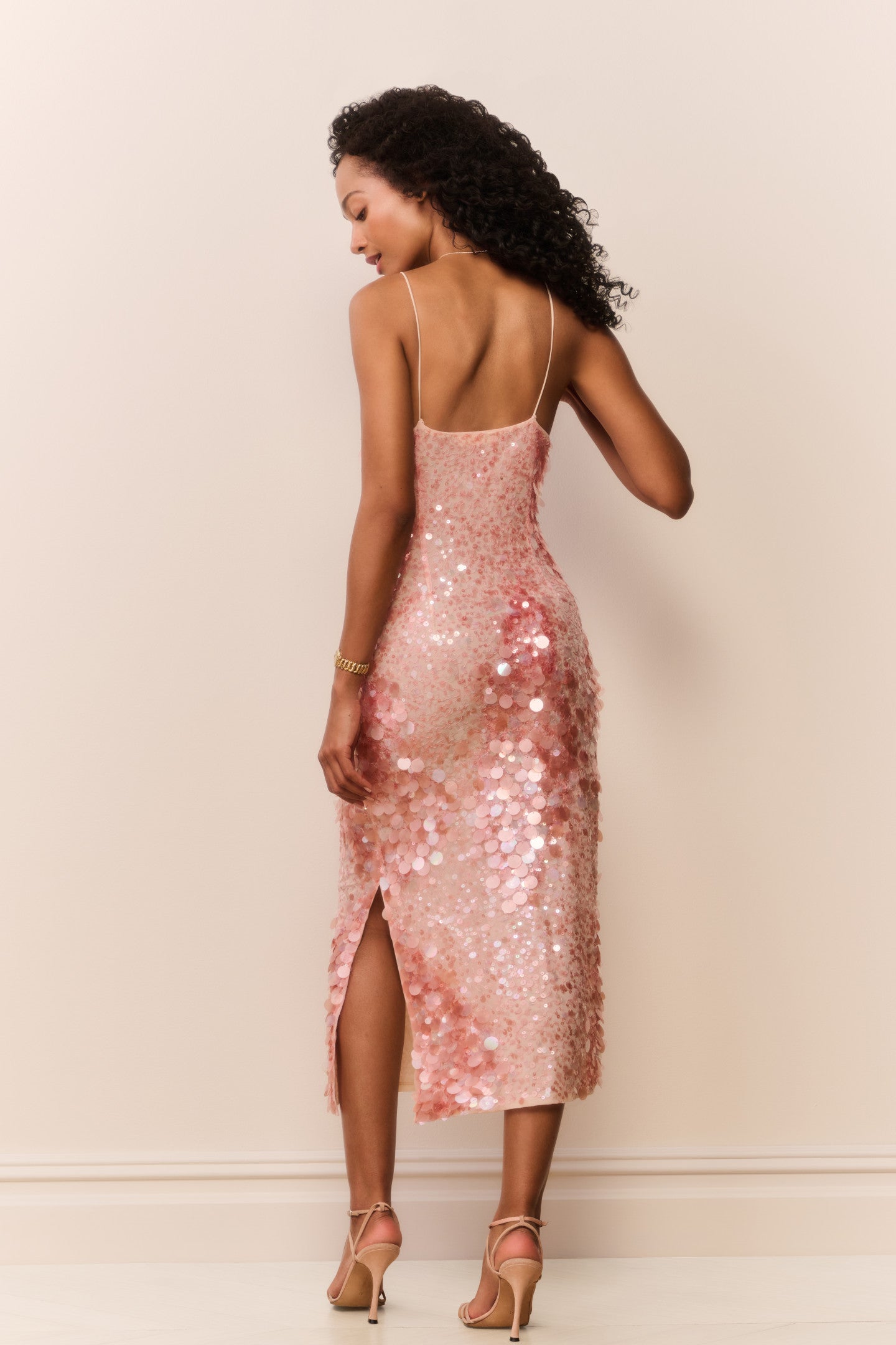 Kayleen Peach Sequin Midi Dress | Loveshackfancy online