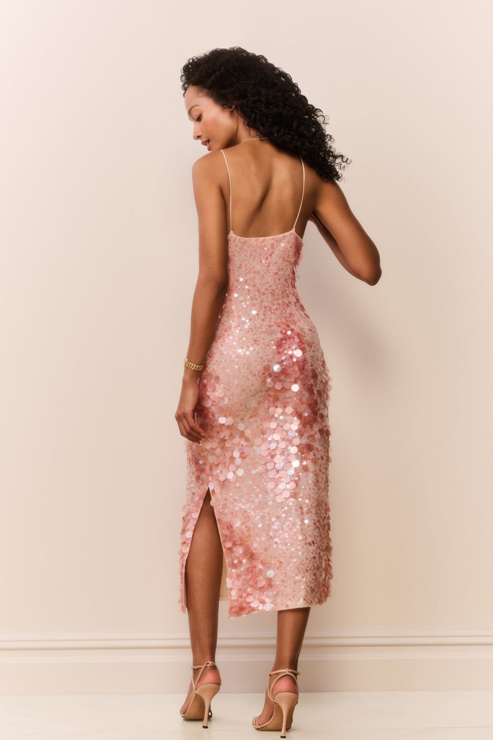 Kayleen Peach Sequin Midi Dress | Loveshackfancy online