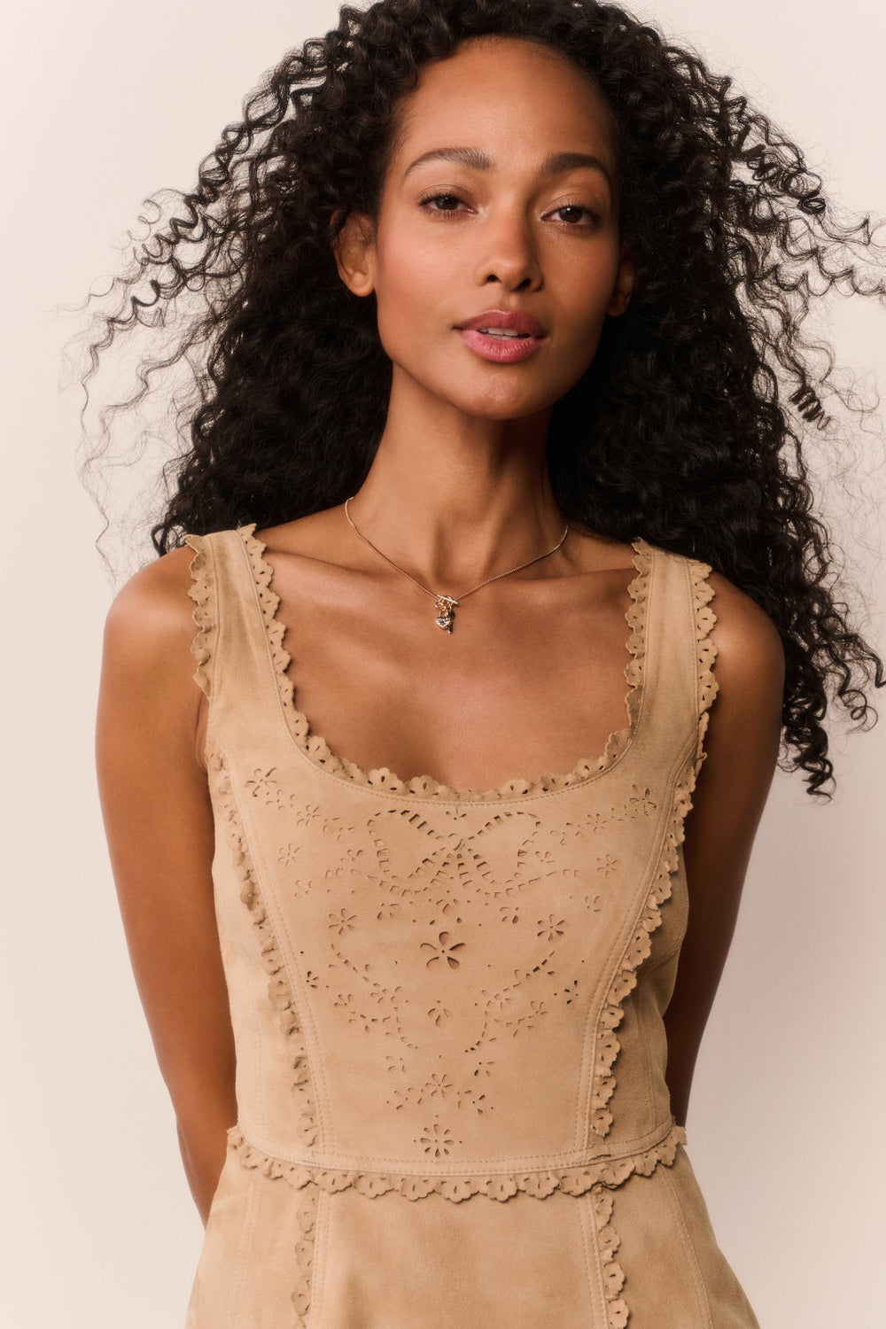 Chrysanthe Suede Eyelet Mini Dress | Loveshackfancy for sale