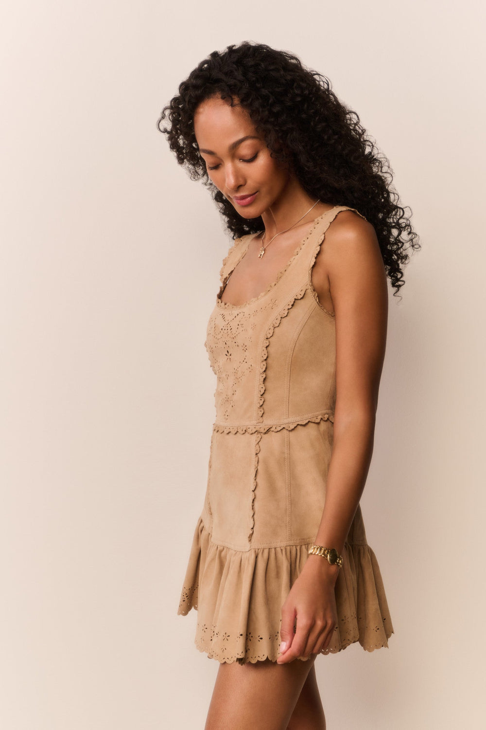 Chrysanthe Suede Eyelet Mini Dress | Loveshackfancy for sale