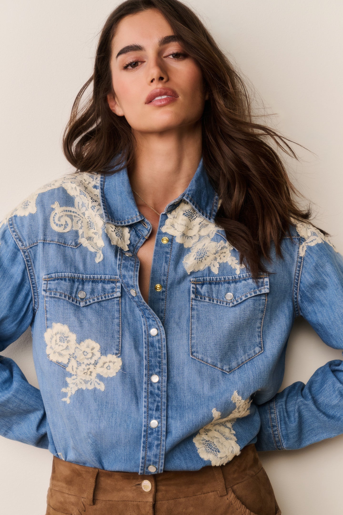 Kelith Lace Appliqué Chambray Shirt | Loveshackfancy on sale