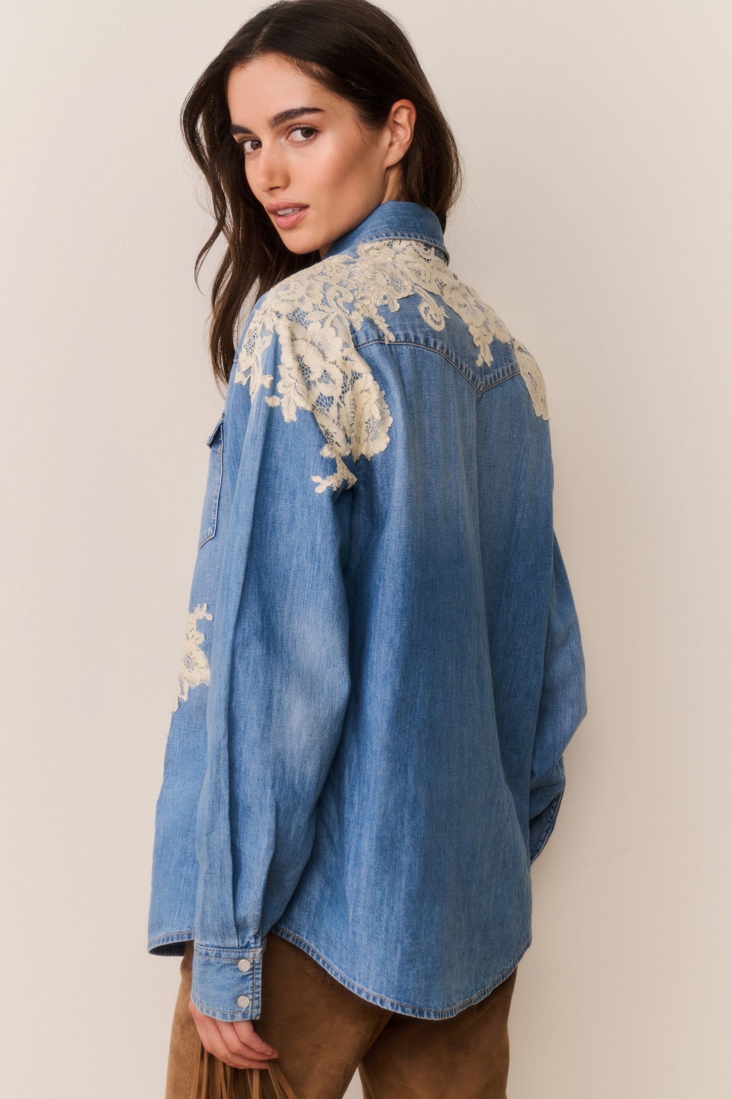 Kelith Lace Appliqué Chambray Shirt | Loveshackfancy on sale