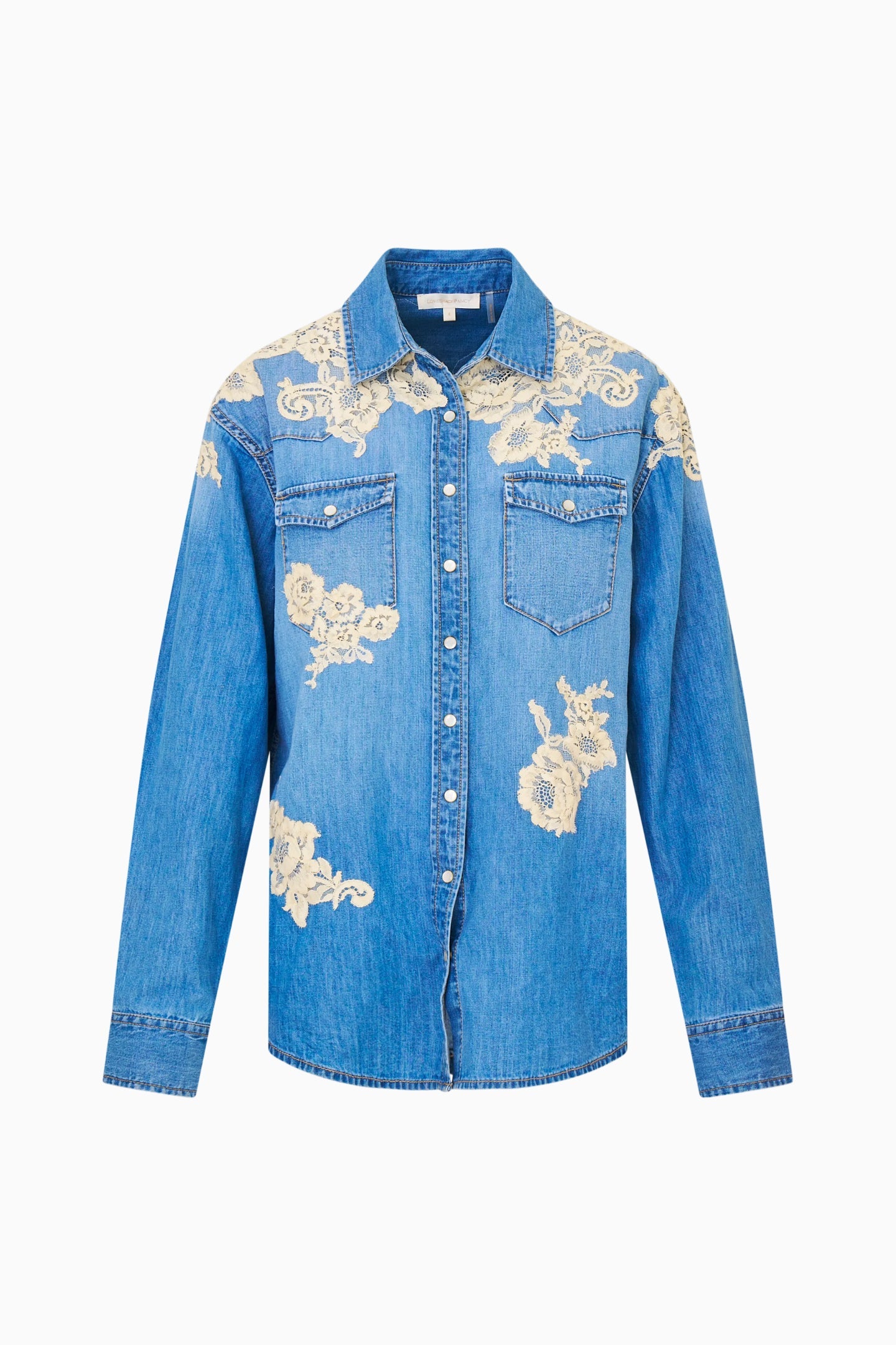 Kelith Lace Appliqué Chambray Shirt | Loveshackfancy on sale