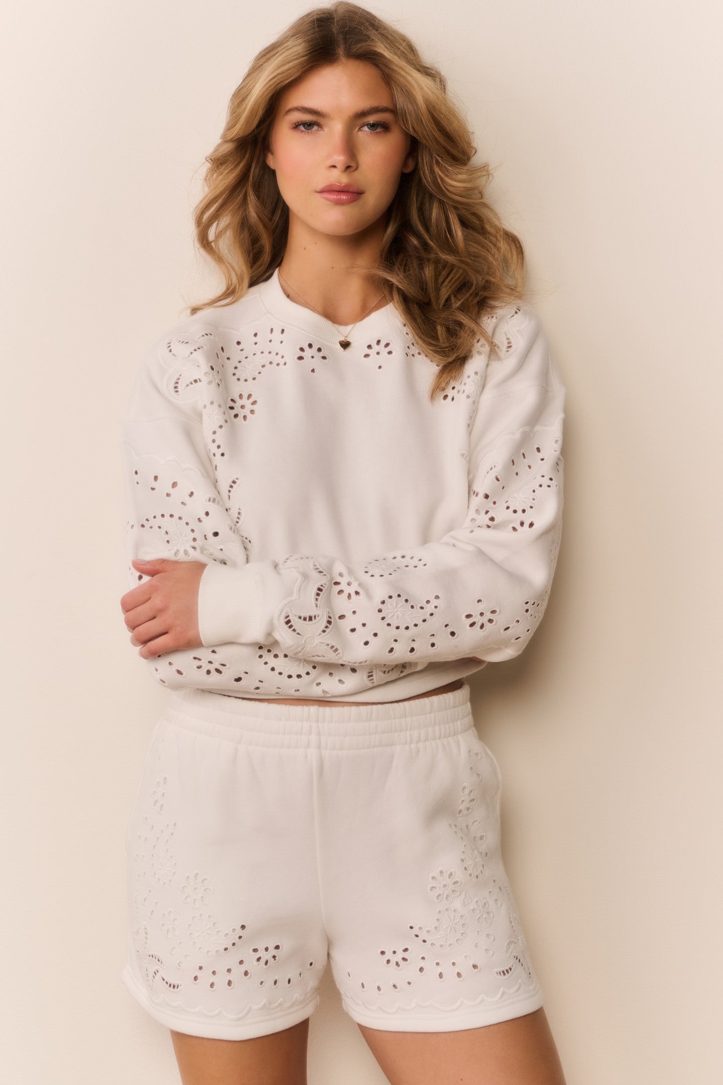 Abrah Bandana Eyelet Fleece Shorts | Loveshackfancy US