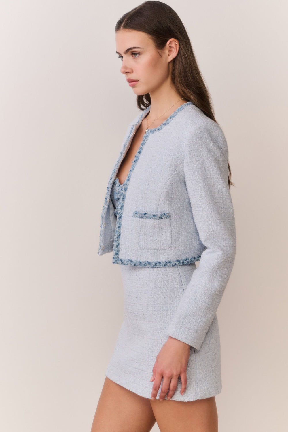 Azula Denim-Trimmed Tweed Jacket | Loveshackfancy near me