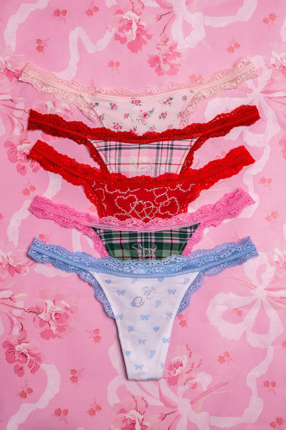 PINK x LoveShackFancy Wink Cotton Thong Panties - Pack of 5 | Loveshackfancy on sale