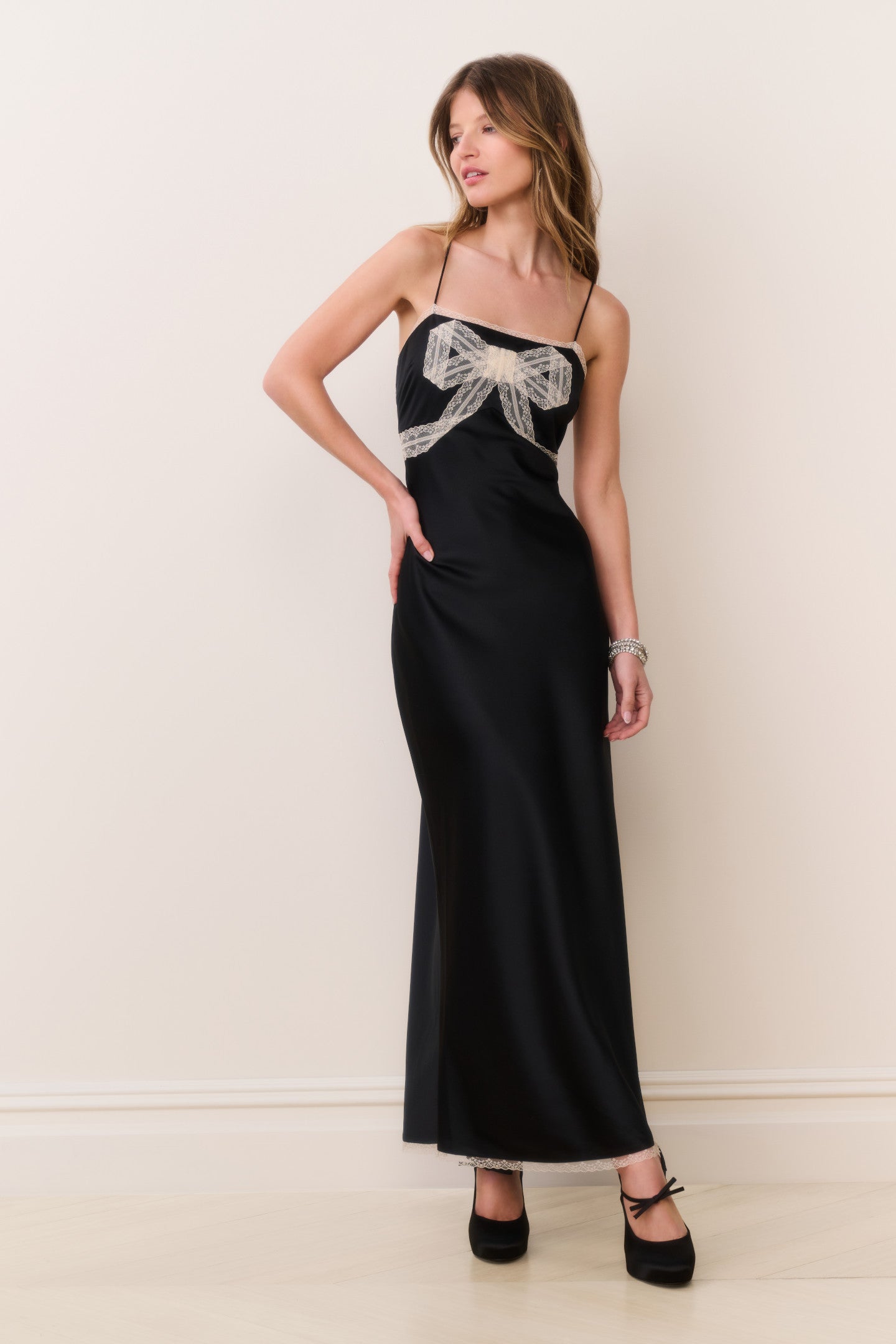 Isolie Lace Bow Crepe Maxi Dress | Loveshackfancy US