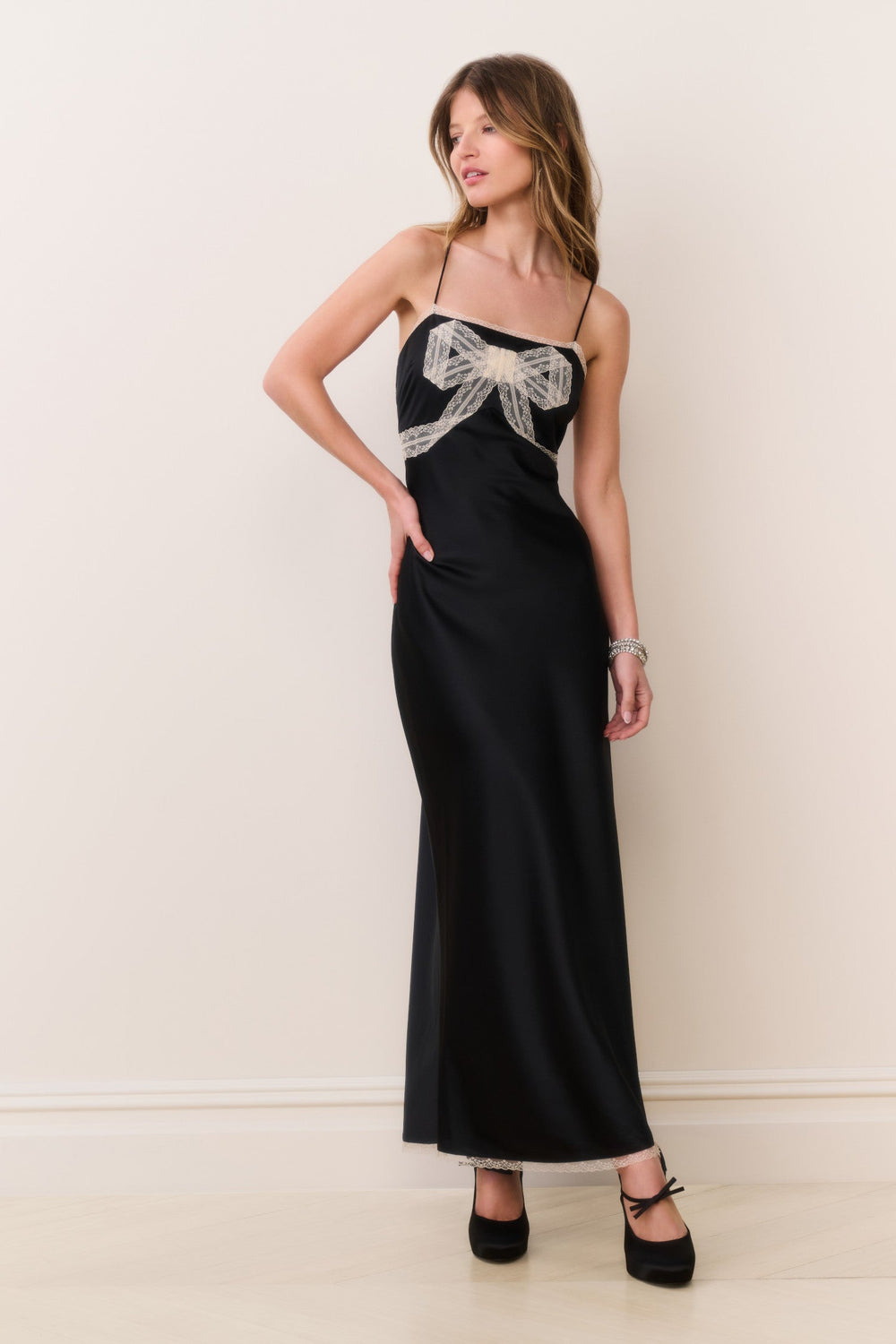 Isolie Lace Bow Crepe Maxi Dress | Loveshackfancy US