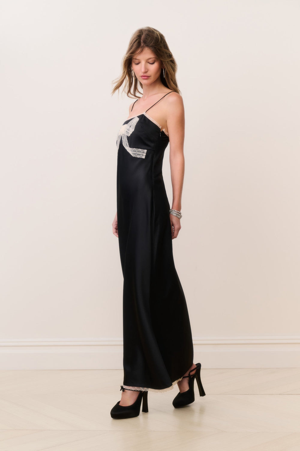 Isolie Lace Bow Crepe Maxi Dress | Loveshackfancy US