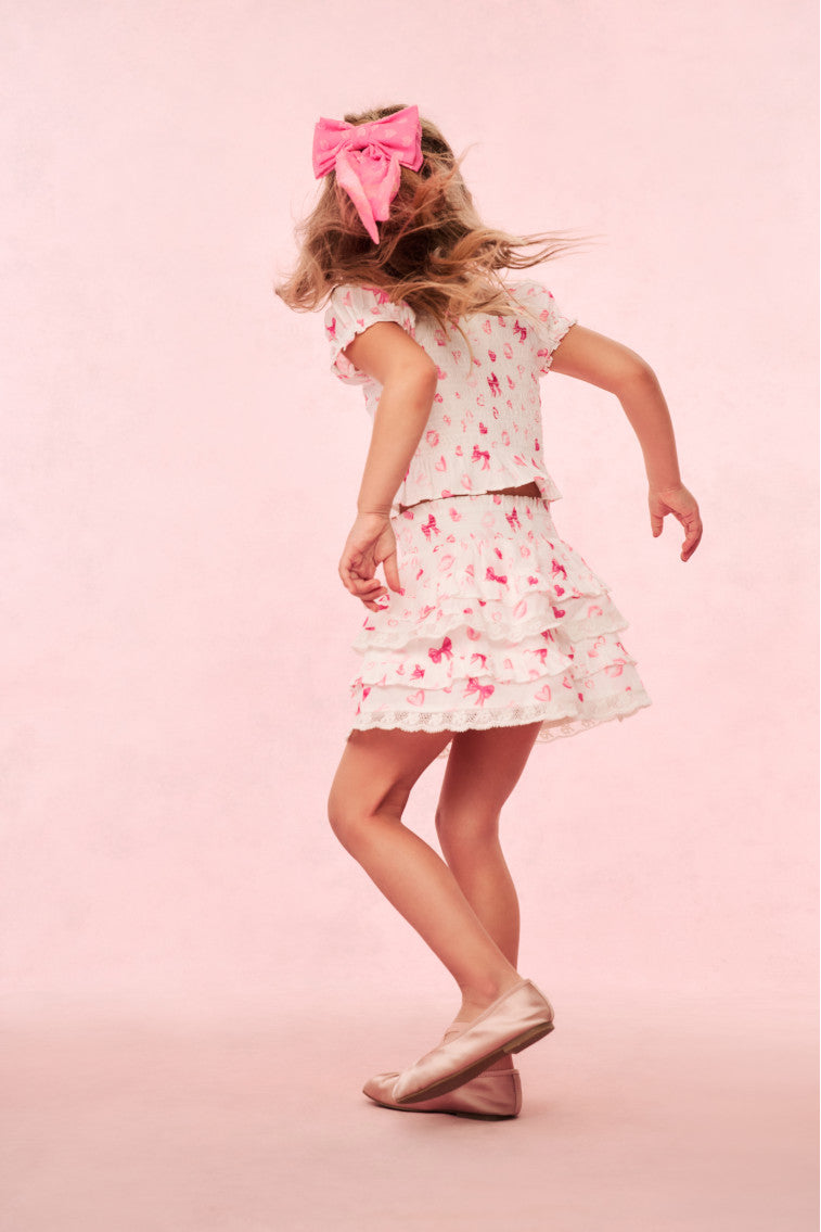 Girls Billie Bow & Kiss Print Ruffle Skirt | Loveshackfancy online