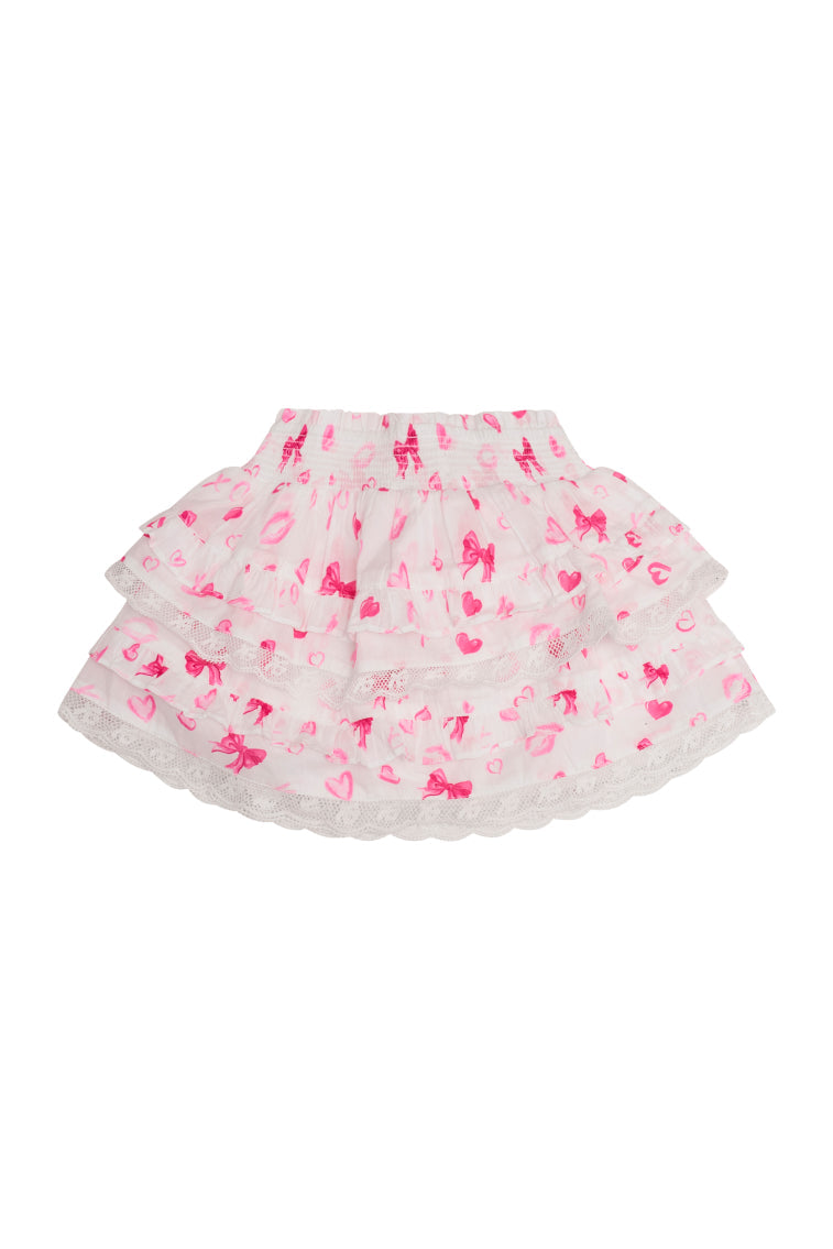 Girls Billie Bow & Kiss Print Ruffle Skirt | Loveshackfancy online