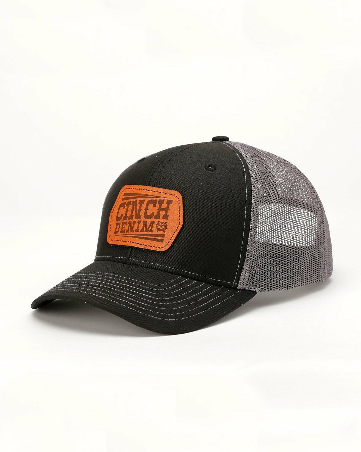Cinch Trucker Cap with Leather Cinch Denim Logo - Black and Gray