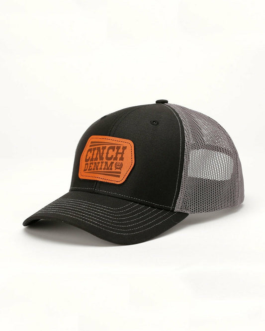 Cinch Trucker Cap with Leather Cinch Denim Logo - Black and Gray